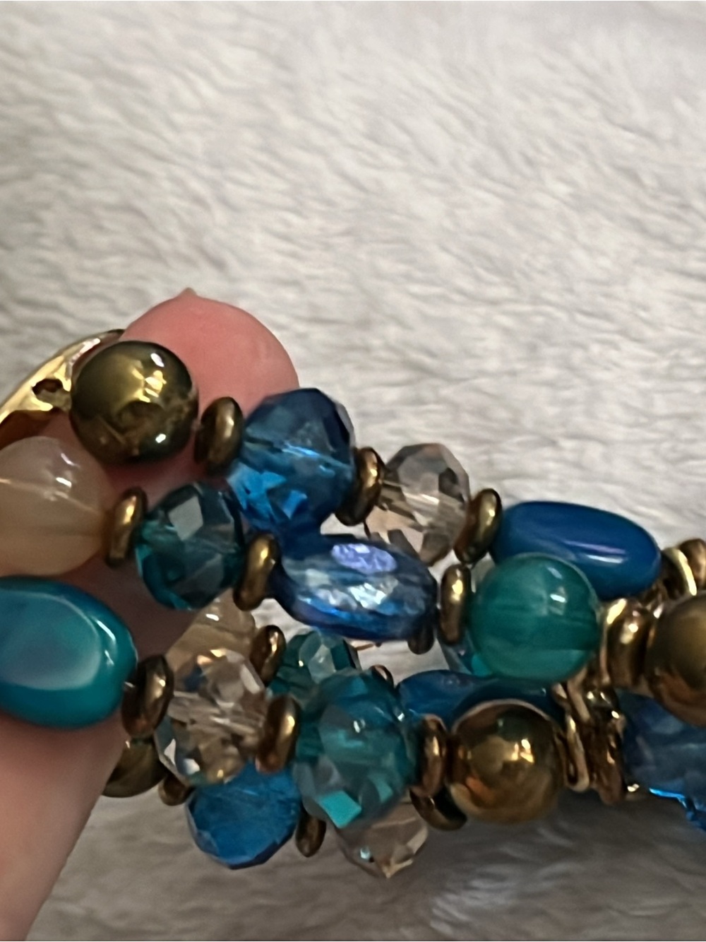 Gold Disc Beaded Stretch Bracelet with Teal and Blue Accents - Picture 4 of 4